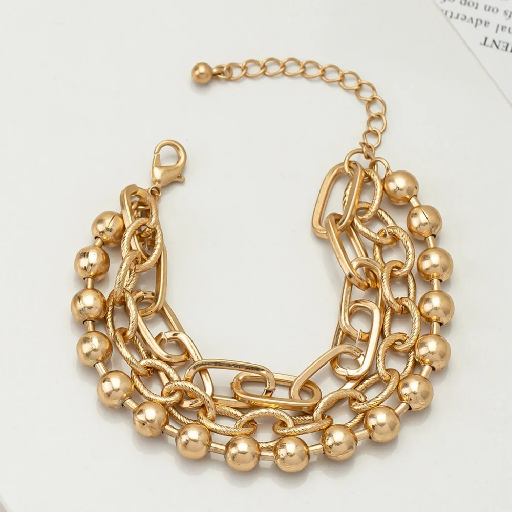 Three Strand Bead & Chain Gold Bracelet New! Street Styles 2022 - Picture 3 of 7